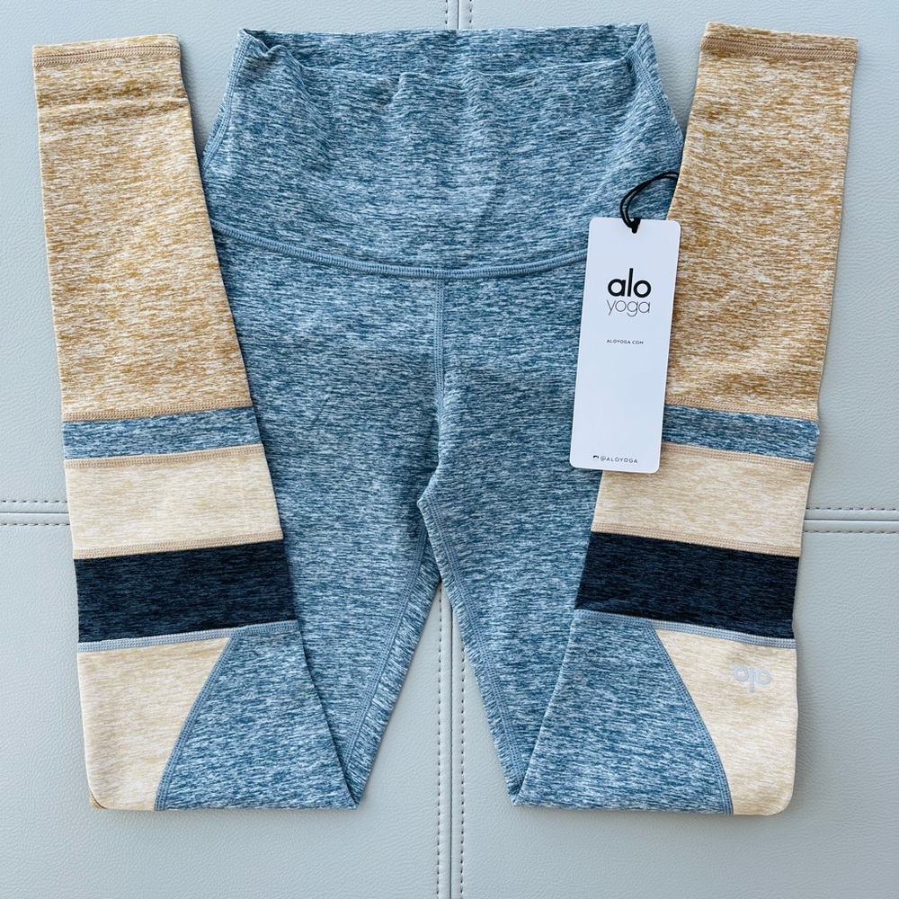 NWT! Alo Yoga High-Waist Alosoft Momentum Legging in Blue Gray Yellow Size XXS